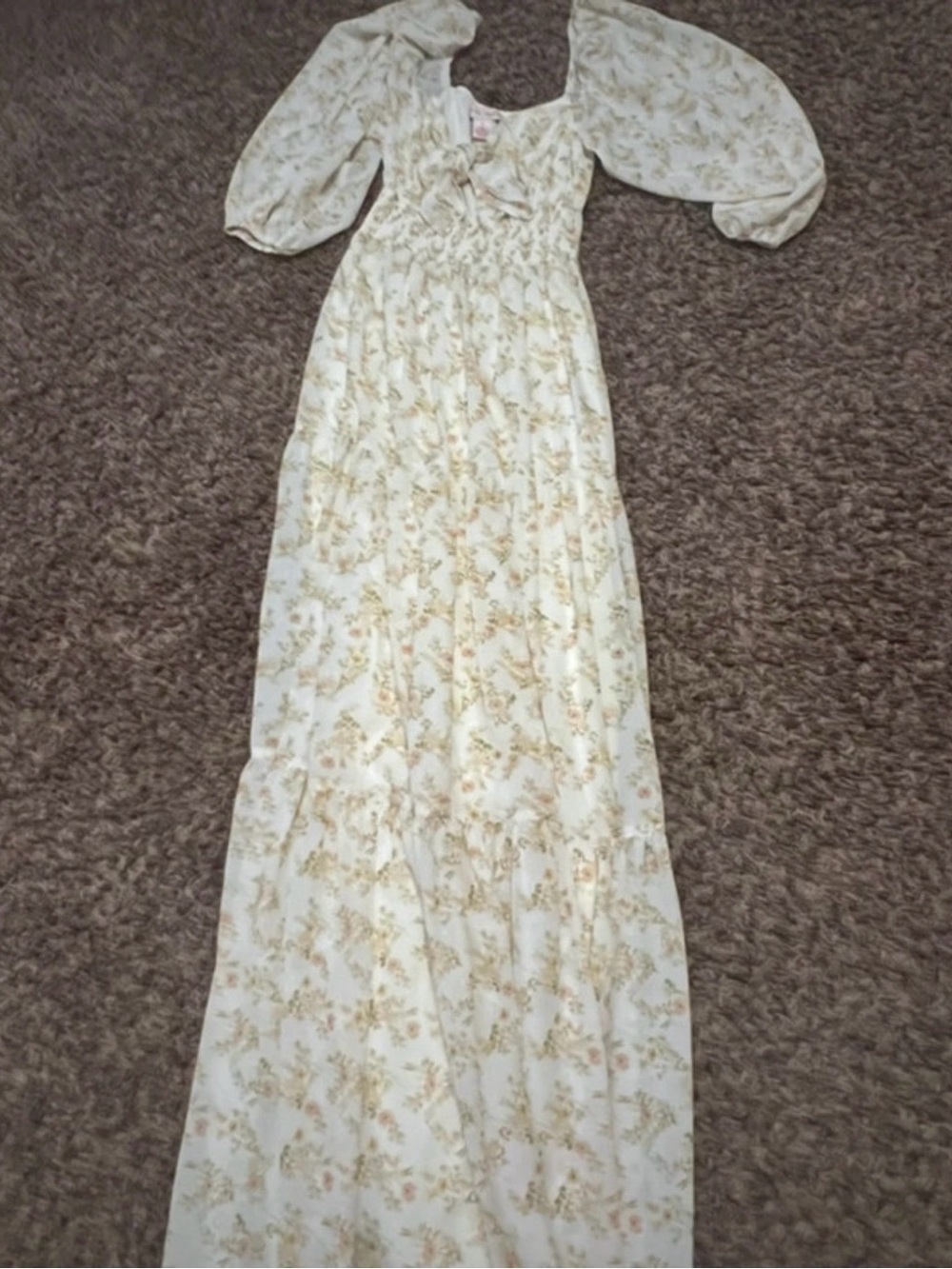 Flying Tomato Cream Floral Maxi Dress with Puff Sleeves